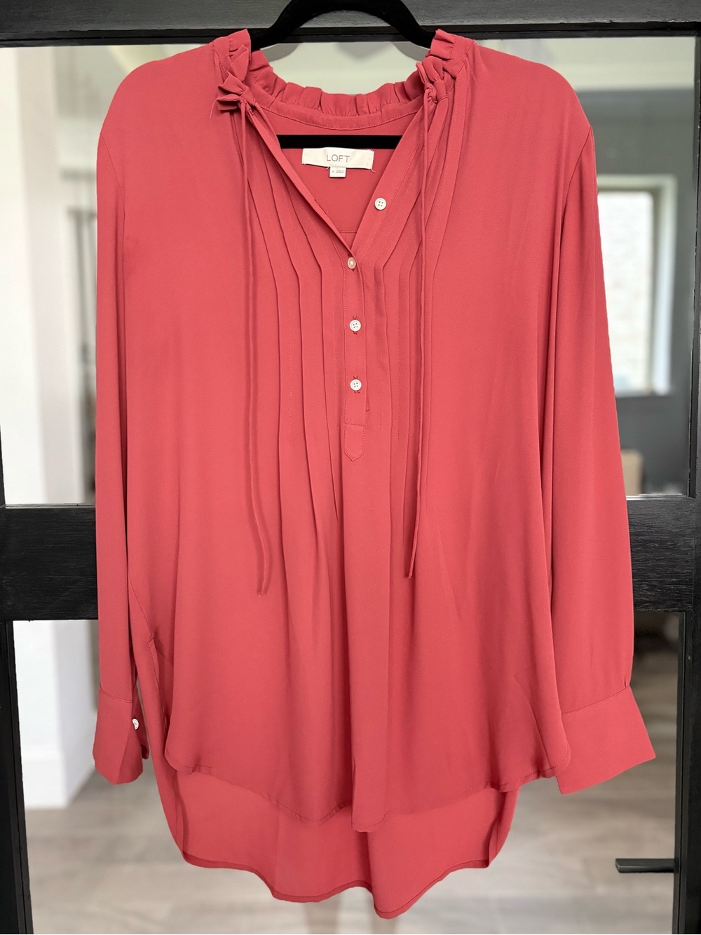 LOFT Ruffle Neck Pintuck Long Sleeve Blouse Work Top Career Interview Pink Rose